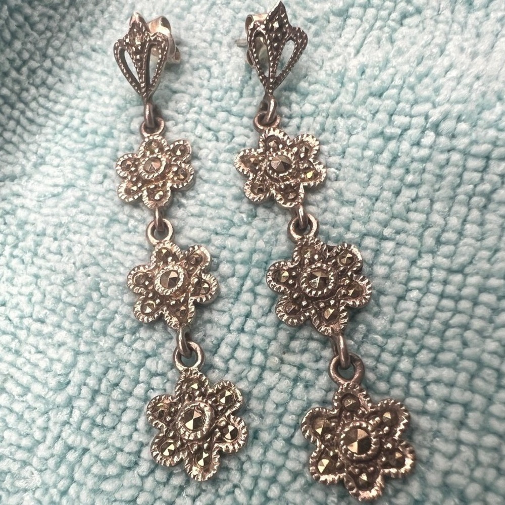 Vintage Sterling Silver Marcasite Drop Earrings Flower Chandelier 2.25" 7g‎